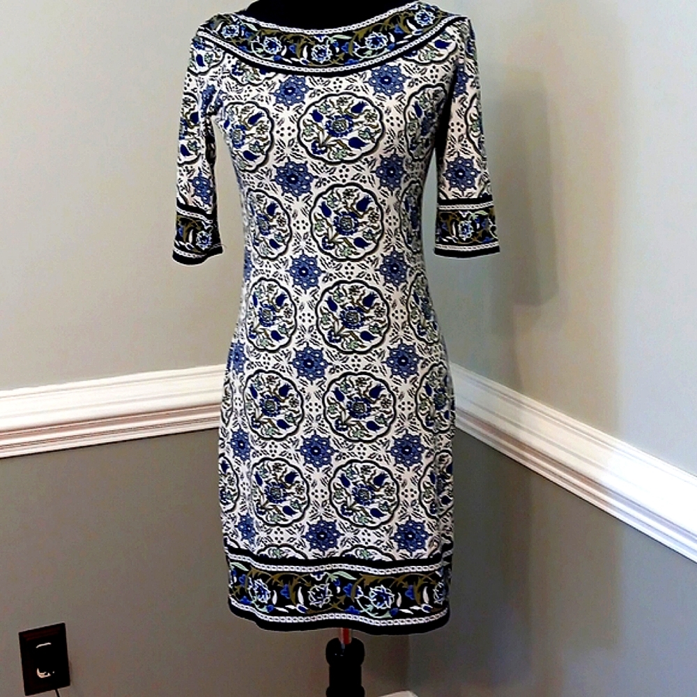 Max Studio, blue and white, slip on dress